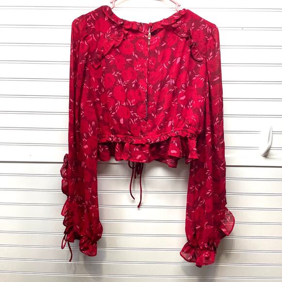 LUSH Cropped Long Sleeve Tie Front Open Back Red Floral Lined Top Size XL - Picture 2 of 15